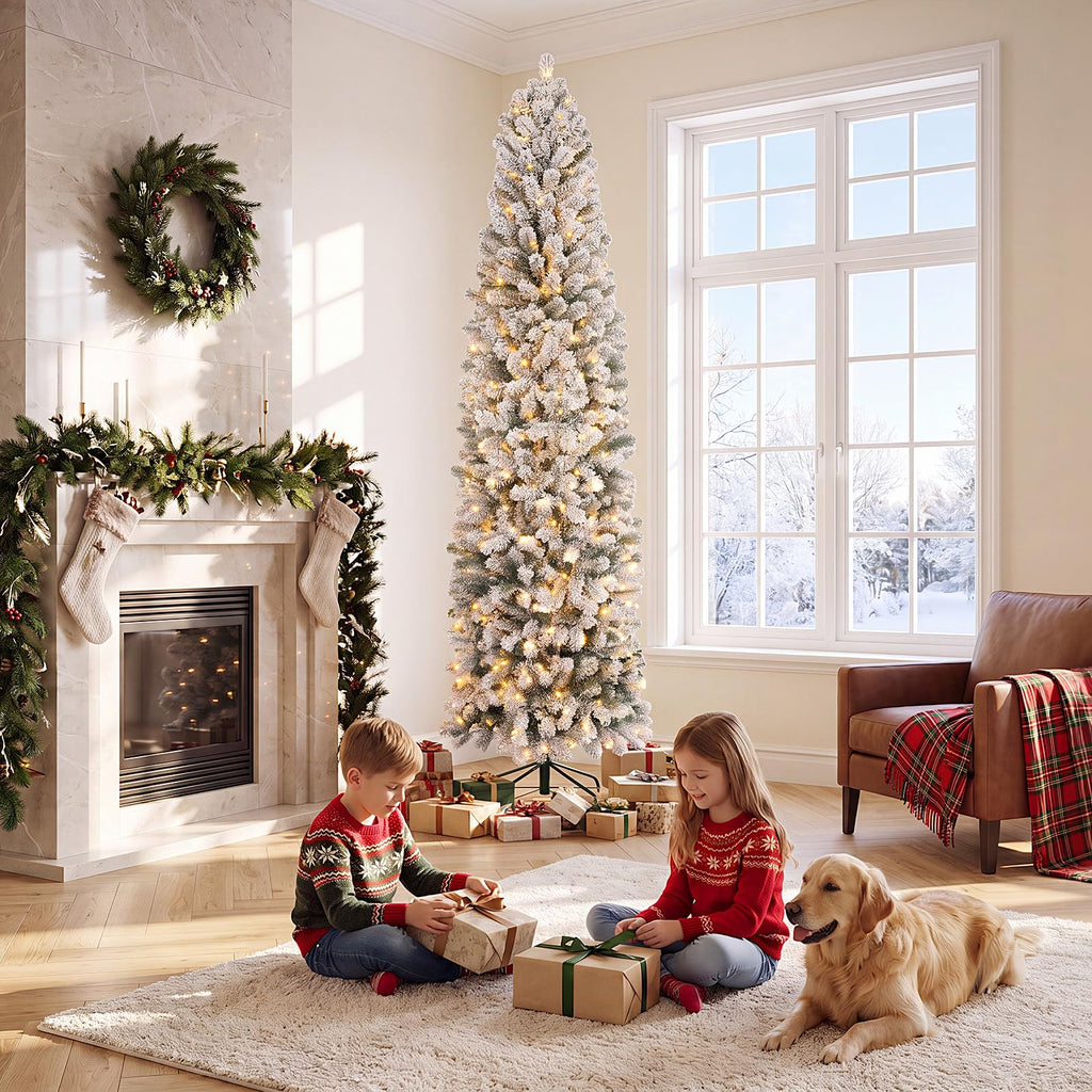 9 Foot Prelit Snow Flocked Artificial Pencil | Casa Home Living