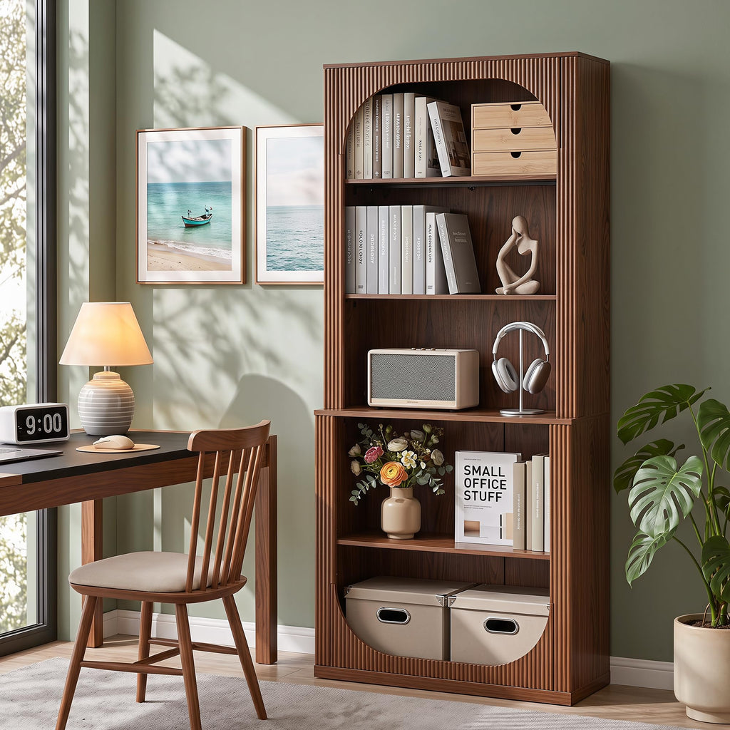 71" Tall Arched Bookcase, 5 Tier Fluted Wood Arched Bookshelf