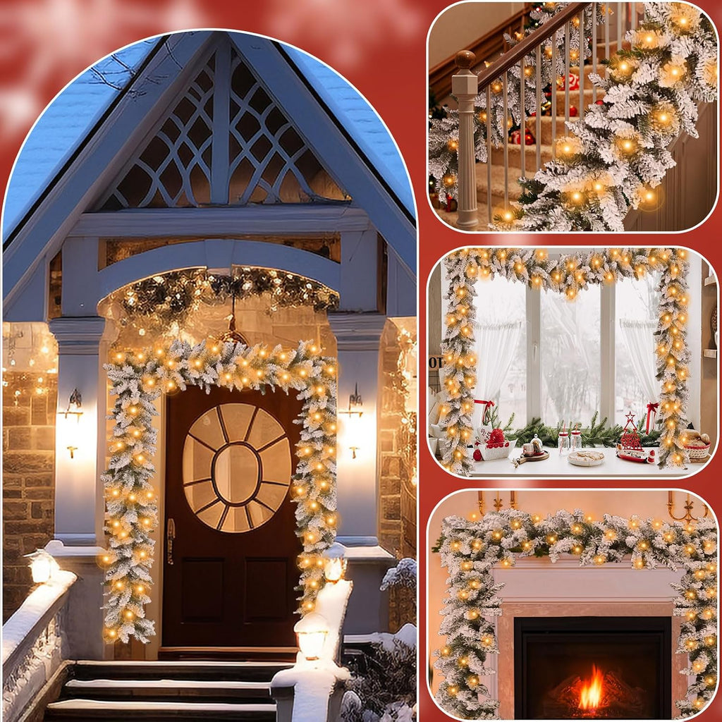 Flocked Christmas Garland with Lights,9FT Pre-Lit White Snow Garlands with 240 PVC Tips,Frosted Garland