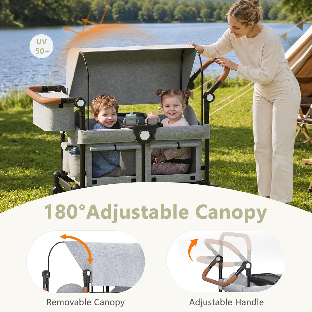 Folding Wagon Stroller for 2 Kids, Shock-Absorbing Wheel, Gray