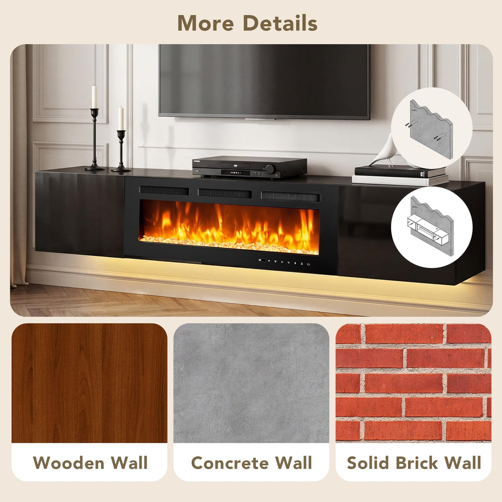 80" Floating TV Stand, Wall-Mounted Entertainment Center with 40" Electric Fireplace, Fits TVs Up to 90 Inches, Media