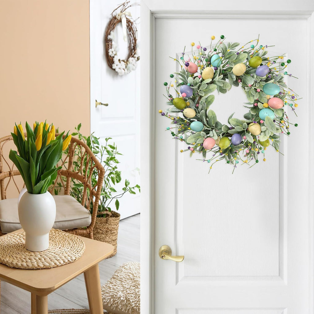 20 Inch Artificial Easter Wreath Spring Wreath with Colorful Eggs Berries Flocked Lambs Ear Leaves for Front Door