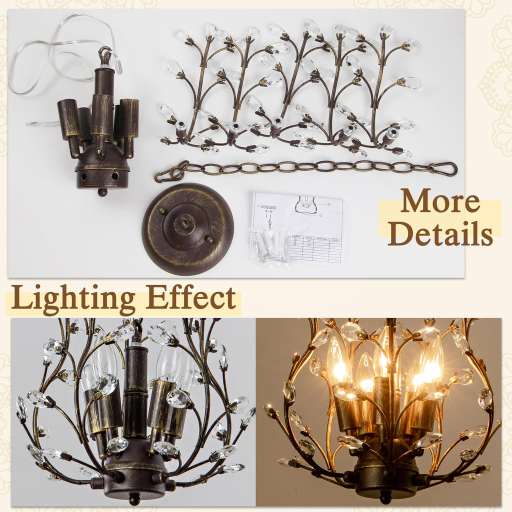 Vintage 5 Light Crystal Chandelier, Aged Bronze Tree Branch