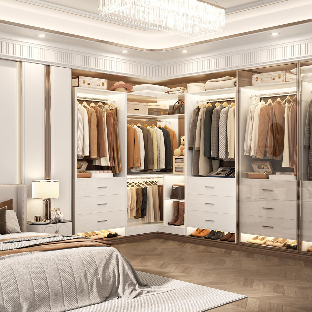 Closet System with 6 Drawers, 4 Hanging Rods & Corner Tower, Corner Closet System with Hanging, 76.5" L-Shaped
