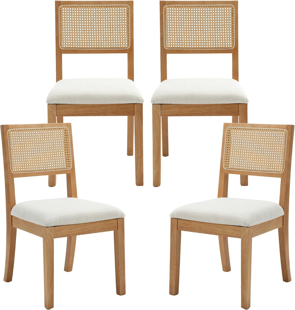Rattan Dining Chairs Set of 4, Farmhouse Natural Dining Room Chairs with Upholstered Cushion and Solid Wood Frame, Armless Kitchen Chairs