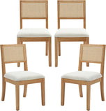 Rattan Dining Chairs Set of 4, Farmhouse Natural Dining Room Chairs with Upholstered Cushion and Solid Wood Frame, Armless Kitchen Chairs