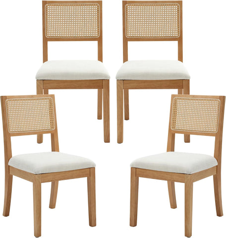 Rattan Dining Chairs Set of 4, Farmhouse Natural Dining Room Chairs with Upholstered Cushion and Solid Wood Frame, Armless Kitchen Chairs