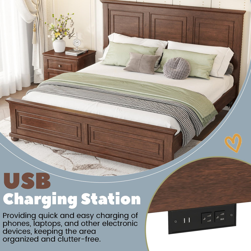 Farmhouse Bed Frame Tall Headboard and Footboard, Pinewood Panel Bed with USB Charging Station and