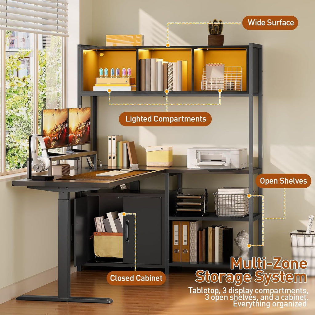 55'' L Shaped Standing Desk, Sit Stand Desk with Storage Hutch | Stand Up Corner Gaming Desk with Shelves, Cabinet
