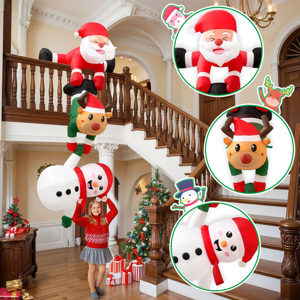 8FT Christmas Inflatables Outdoor, Hanging Santa with Reindeer Roof Decor
