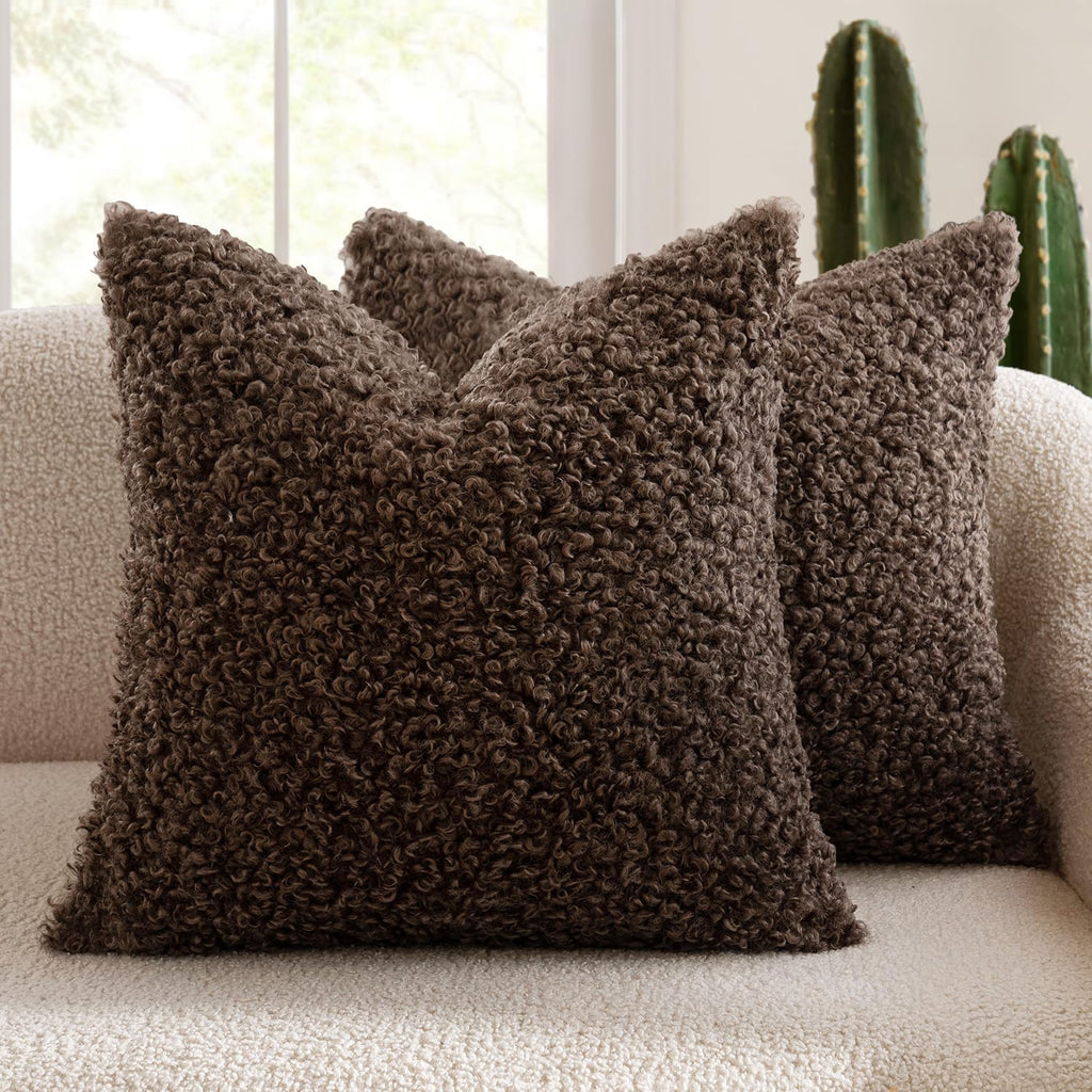 Pack of 2 Faux Fur Chocolate Throw Pillow Covers 18x18 Inch Boucle Decorative Pillow Covers Fuzzy Accent Soft