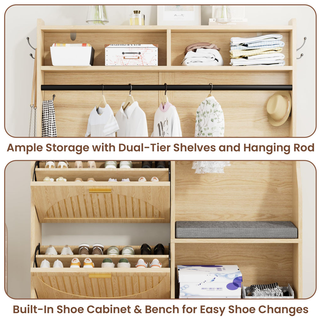 78" Modern Rustic Hall Tree with Bench and Shoe Storage, 5-in-1 Mudroom Coat Rack with Storage Shelves and Metal