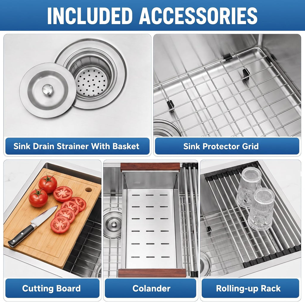 32 Inch Undermount Kitchen Sink, 32" x 19" Stainless Steel Kitchen Sink, Undermount Sinks, Handmade Deep Single Bowl