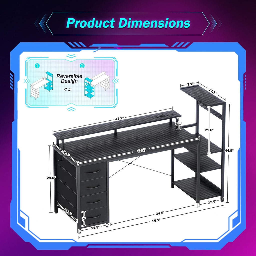 59 Inch Gaming Desk with Drawers & PC Tower Stand & LED Lights, Black | Reversible, Monitor Shelf, Power Outlets
