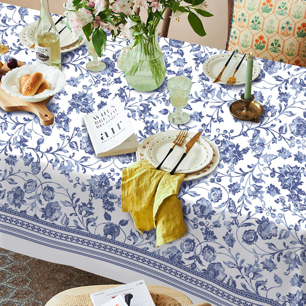 Rectangle Tablecloth Polyester Material - 60 x 84 Inch Blue Floral Rustic Lightweight Tablecloth Classic French