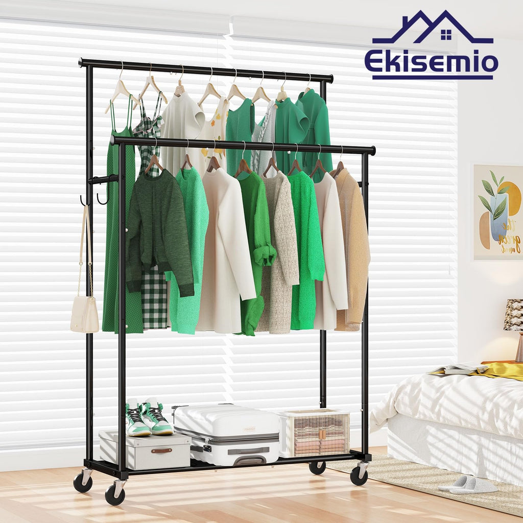 Double Rods Clothes Rack with Wheels Load 400 LBS, 45 Inch Rolling Clothing Rack for Hanging Clothes, Heavy Duty