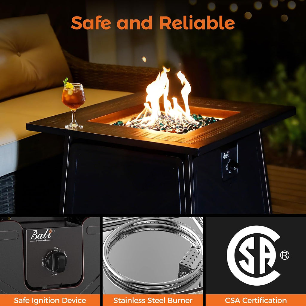 Gas FirePit Table | 28 inch 50,000 BTU Square Outdoor Propane Fire Pit Table with Lid and Blue Fire Glass