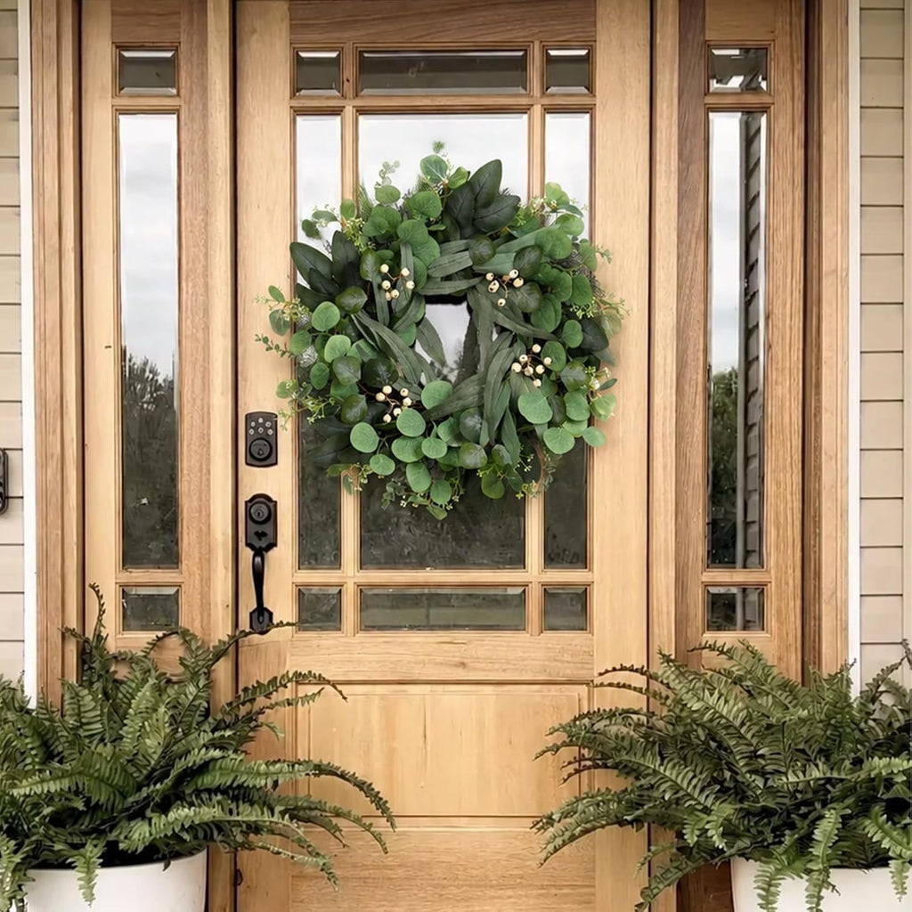 24 Inch Eucalyptus Wreath for Front Door, Artificial Greenery Wreath with White Berries, Green Door Decor Outdoor