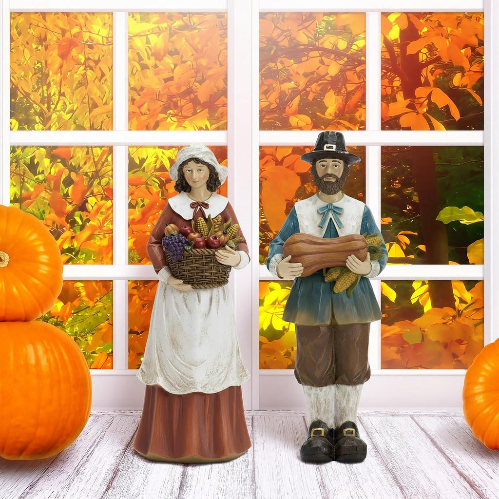 Thanksgiving Decoration Wooden Pilgrim Figurines Couple Statue - Set of 2