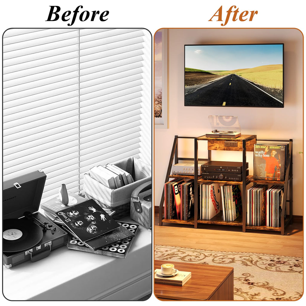 Record Player Stand, Record Player Table with Power Outlets and LED Light, Holds Up to 300 Albums, Vintage Vinyl
