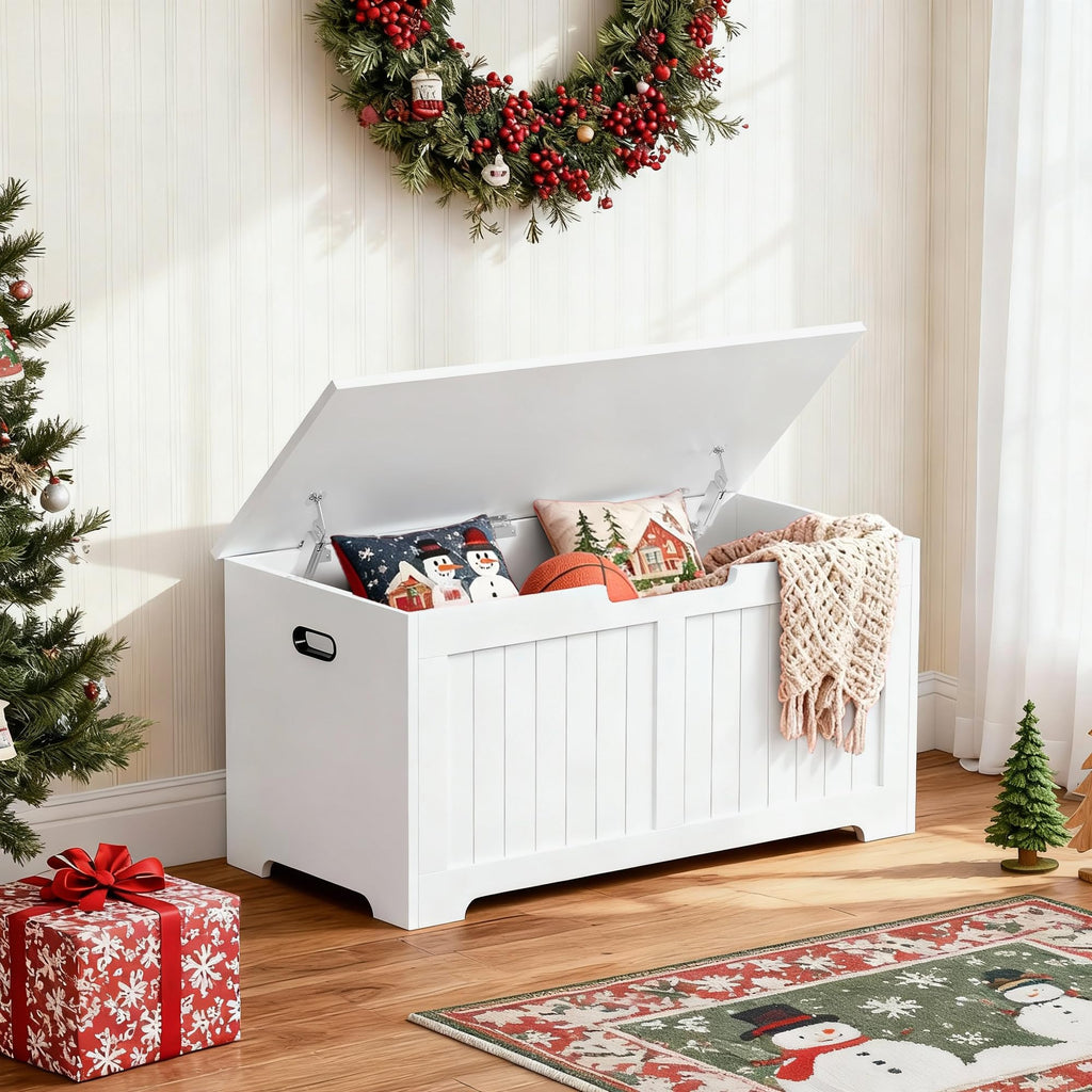 Storage Chest, 39 inches Chest Box Organizer with 2 Safety Hinges, Wooden Entryway Shoe Organizer Storage Bench, White