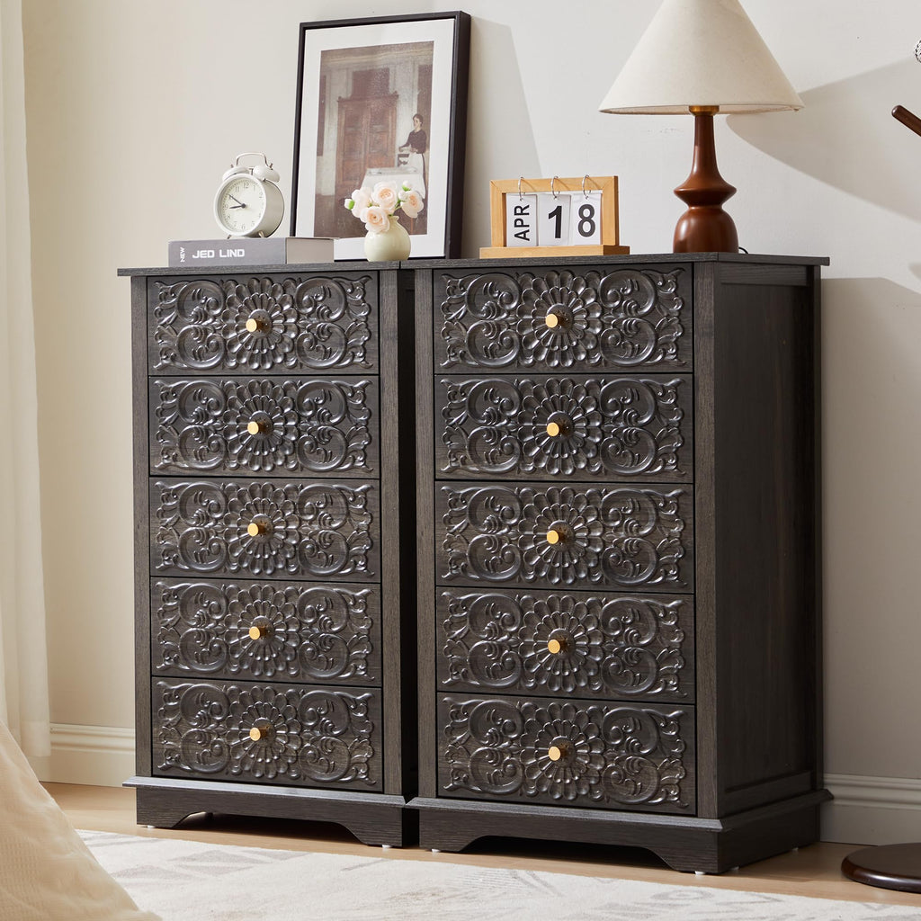 5 Drawer Dresser, 20"W Narrow Chest of Drawers, Black-Brown