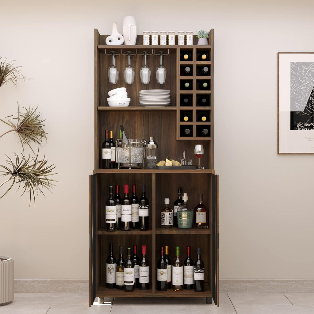Wine Cabinet with 12 Wine Bottle Racks, 70'' Wine Bar Cabinet Bar Cabinet Tall with Storage, Modern WoodenTall Liquor