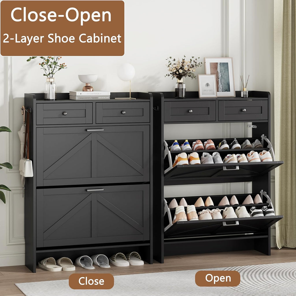 Shoe Cabinet with 2 Flip Drawers & 2 Top Drawers, 43" Tall Freestanding Narrow Wooden Shoe Storage Organizer , Hidden