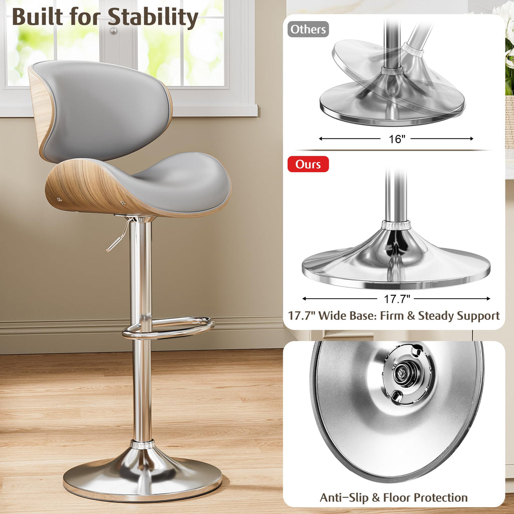 Swivel Adjustable Bar Stool with Bentwood Backrest, Grey