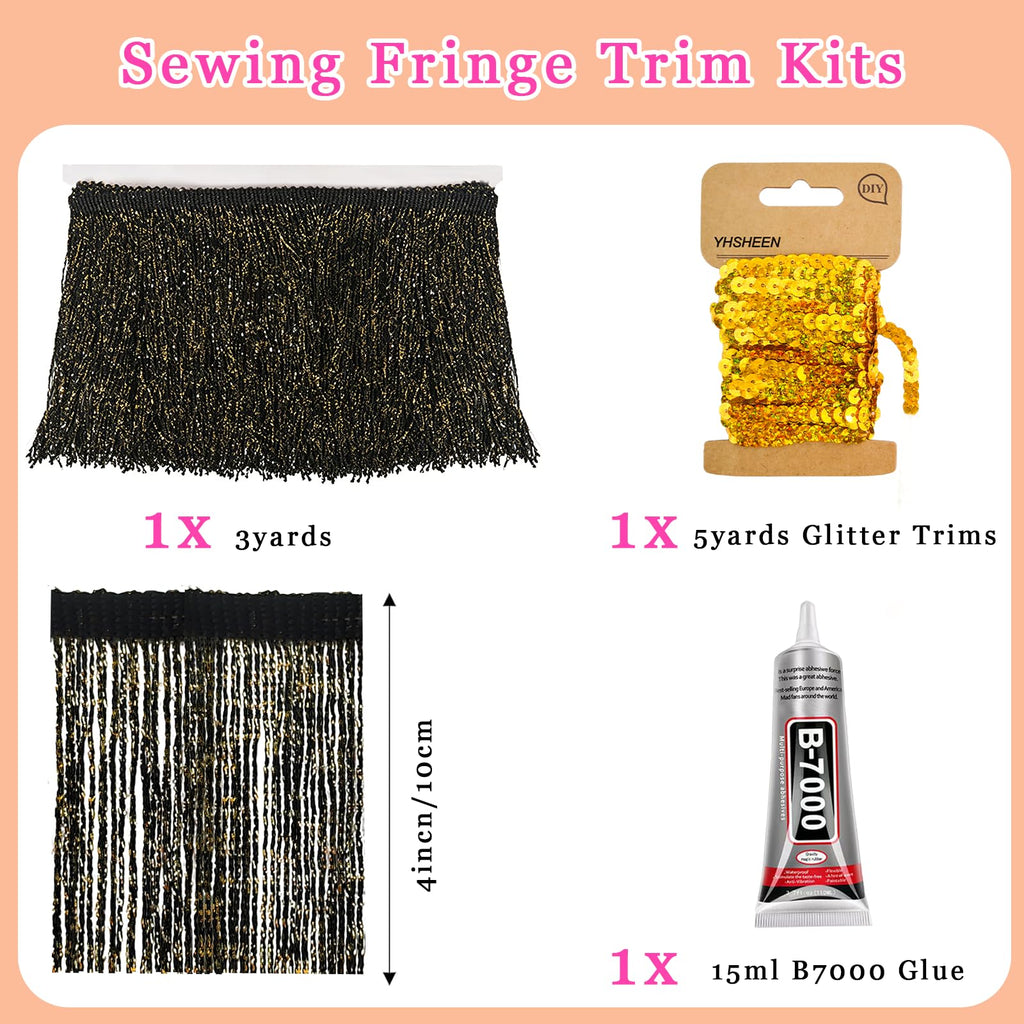 Black Glittery Fringe Trim, 3Yards X 4Inch Fringe Trim with B7000 Glue for Crafts Wedding Birthday Party