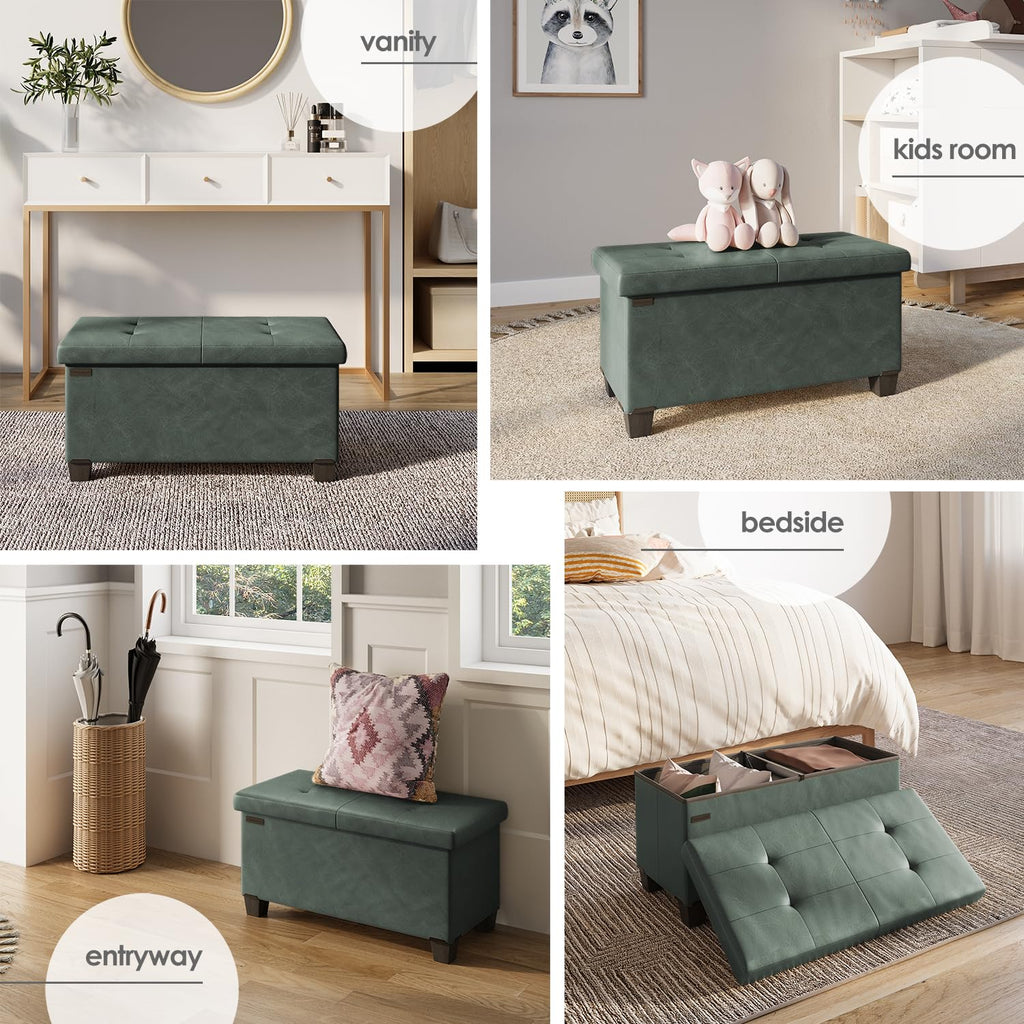 Storage Ottoman Bench with Bins, 30-in Storage Bench End of Bed, Folding Foot Rest Ottoman Max 660lbs, Leather