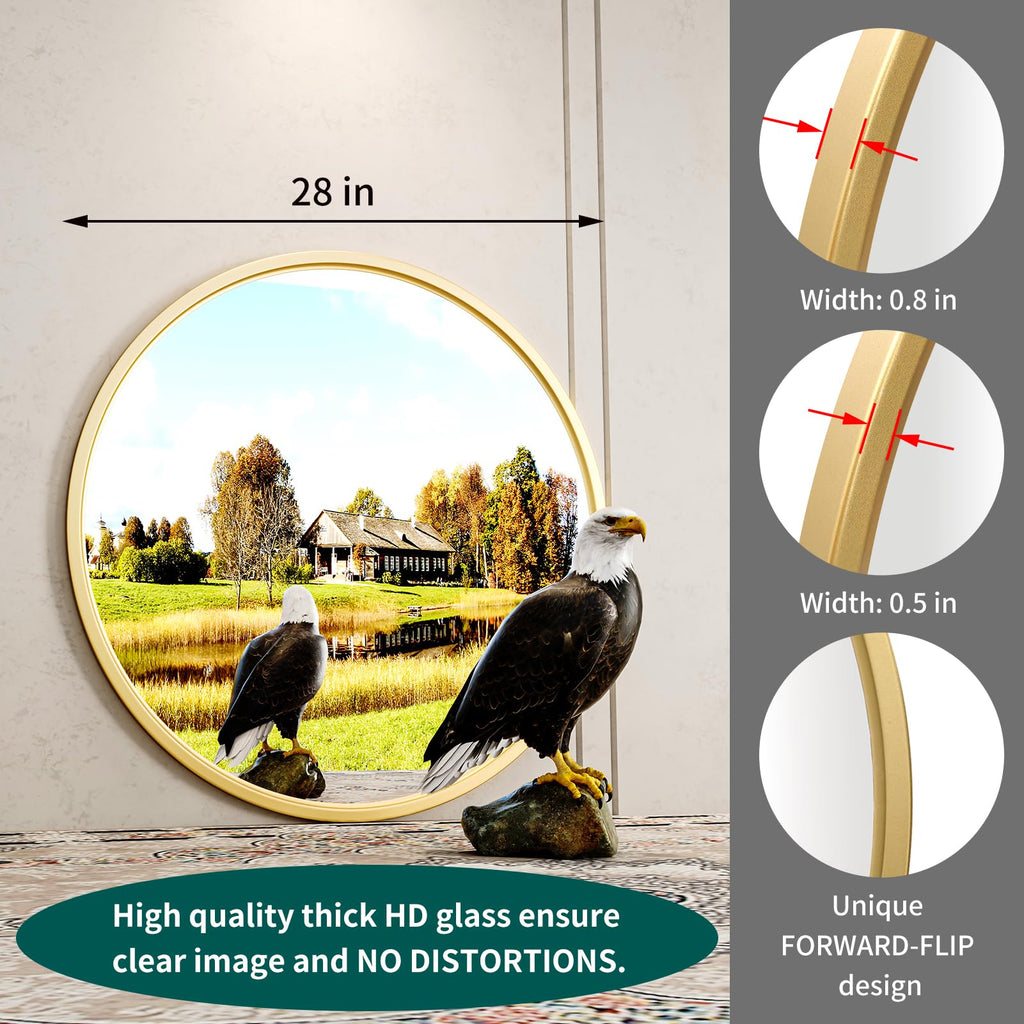 Round Gold Mirror, 28 inch Golden Circle Bathroom Mirror for Wall, Entryway Living Room with Metal Frame Decor