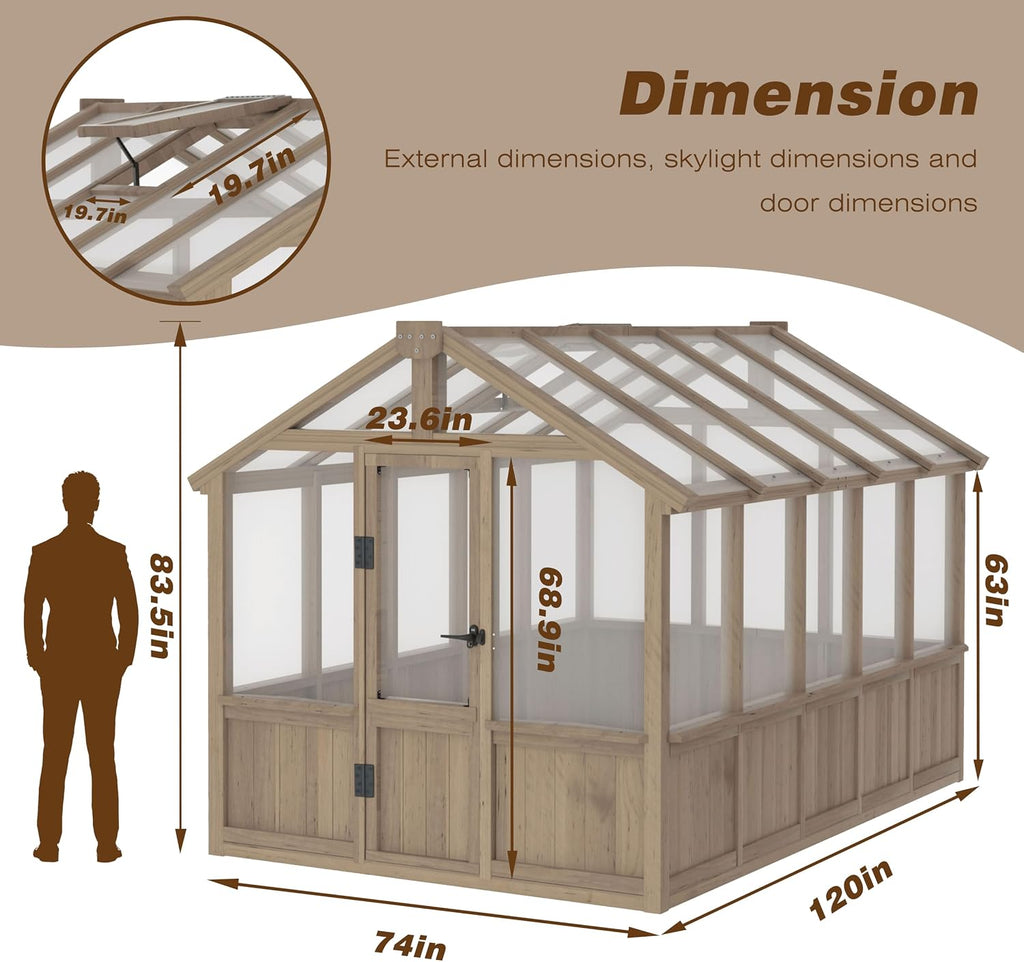 6'x10' Wooden Greenhouse for Outdoor, Heavy Duty Green House Kit with Ventilated Window and Lockable Door, 6mm PC