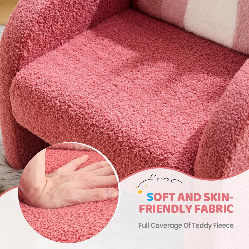 Kids Sofa, Toddler Armchair with Full Teddy Fleece Coverage, Ultra-Soft & Plush, Sturdy Base for Boys and Girls, Red