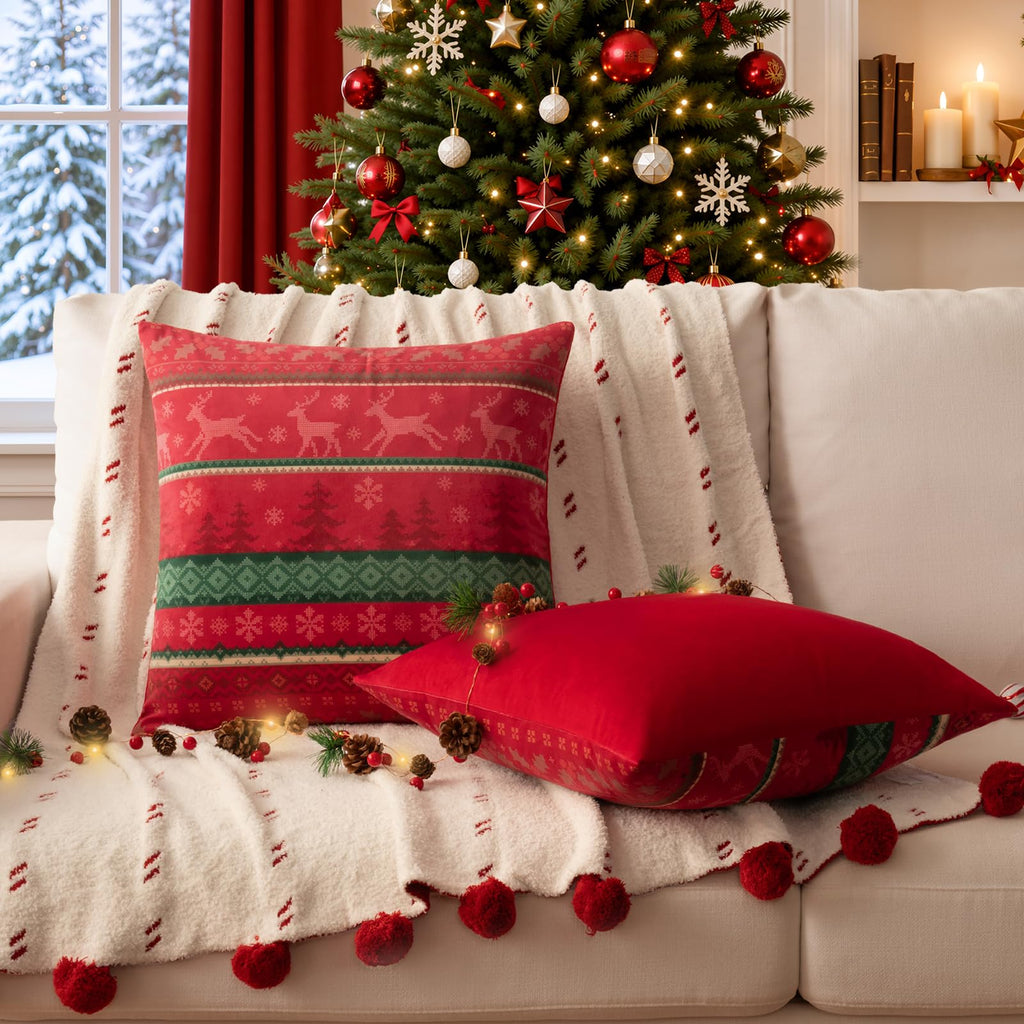 Christmas Pillow Covers, Snowflake Pine Tree Reindeer Throw Pillow Covers, Nordic Farmhouse Winter Holiday Decorative