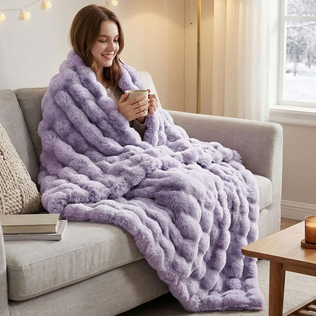 Soft Fluffy Oversized Bubble Faux Rabbit Fur Throw Blanket 60" x 70", Reversible Solid Thick Warm Fuzzy Blanket for