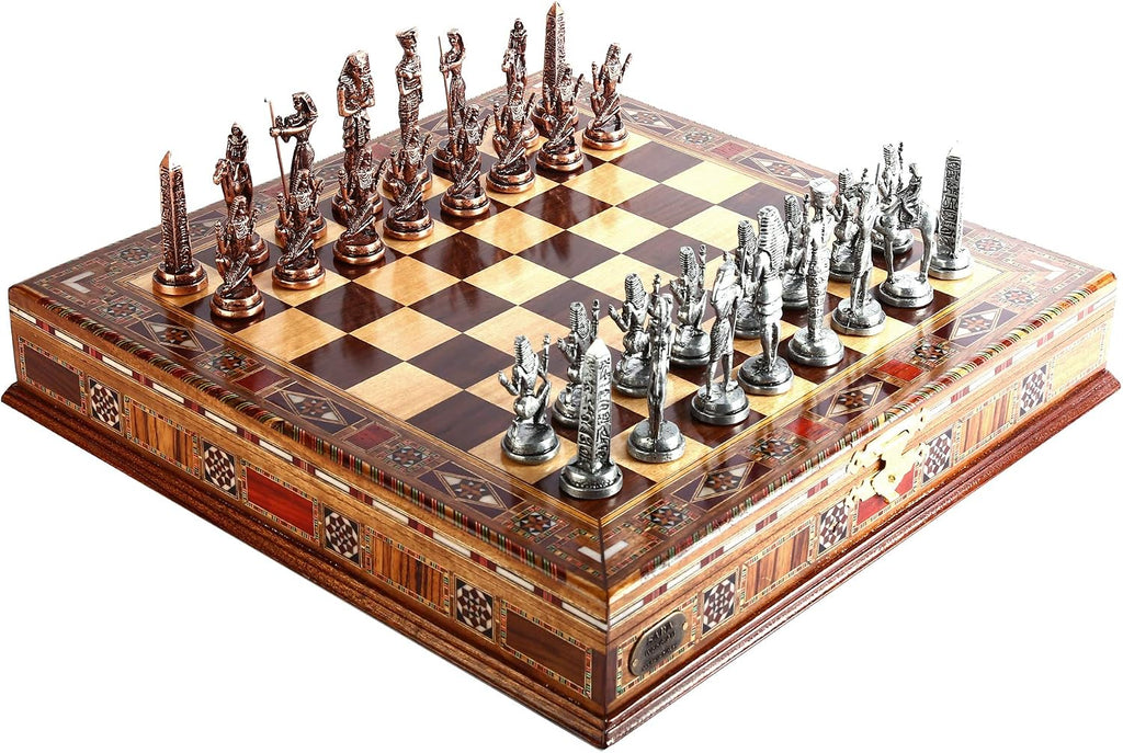 Egypt Pharaoh Antique Copper Figures Metal Chess Set for Adults Handmade Pieces and Natural Solid Wooden Chess Board
