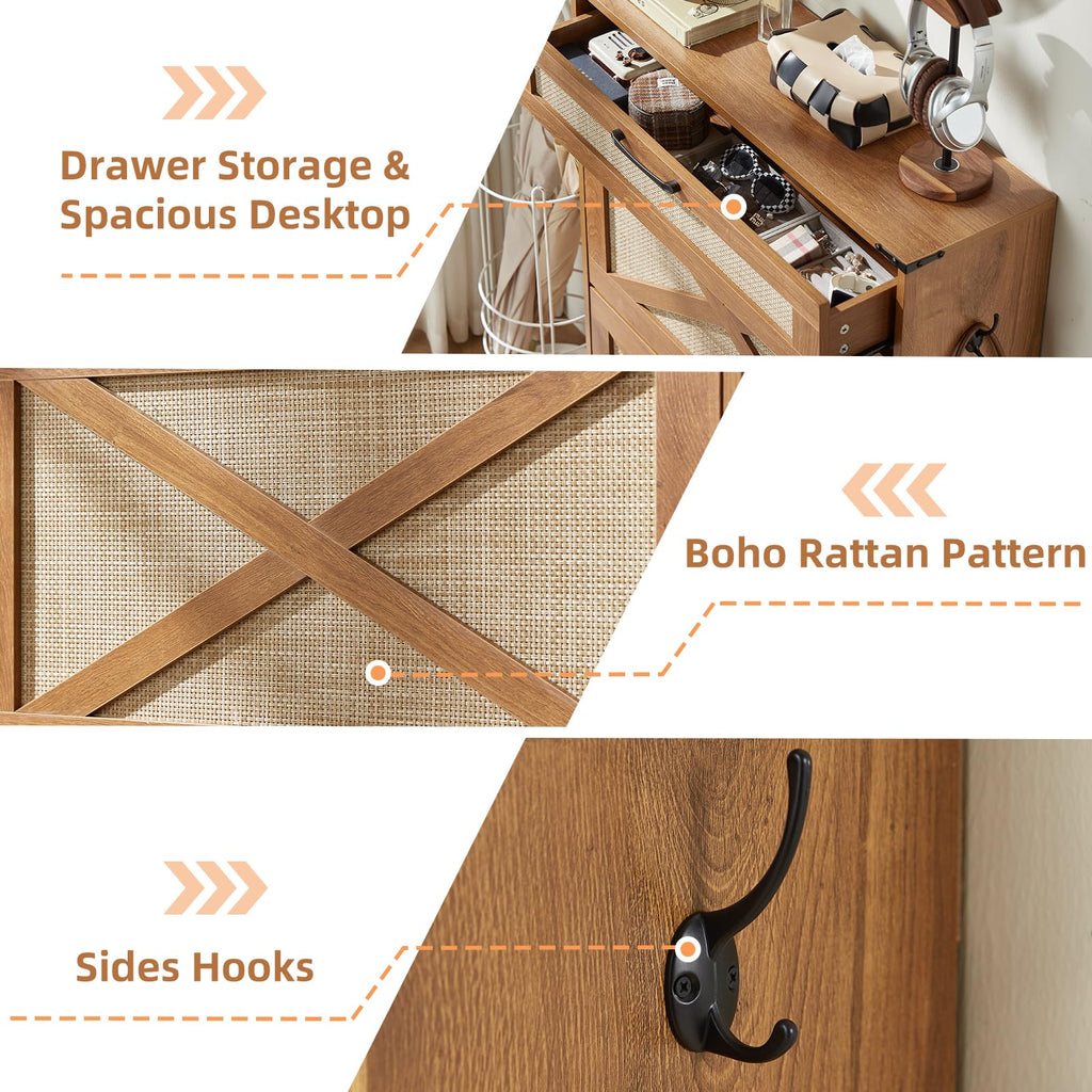 Rattan Shoe Cabinet Storage With 2 Flip Drawers
