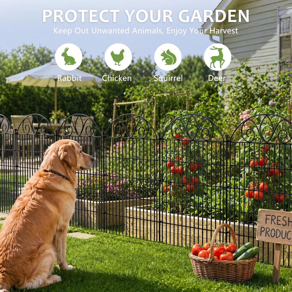 10 Panels No Dig Tall Garden Fence with Gate - 44" H X 23.6' L Rustproof Metal Dog Fence Outdoor for Yard, Decorative