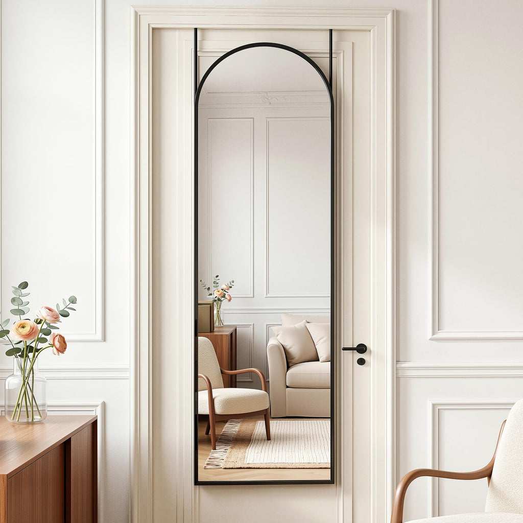 Full Length Mirror, 48" x 14" Over-the-Door Hanging Mirror, Black
