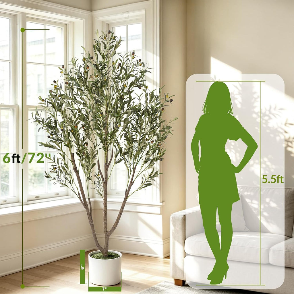 Olive Trees Artificial Indoor, 6FT Tall Faux Olive Tree with Planter & Basket, Artificial Plants with Natural Wood