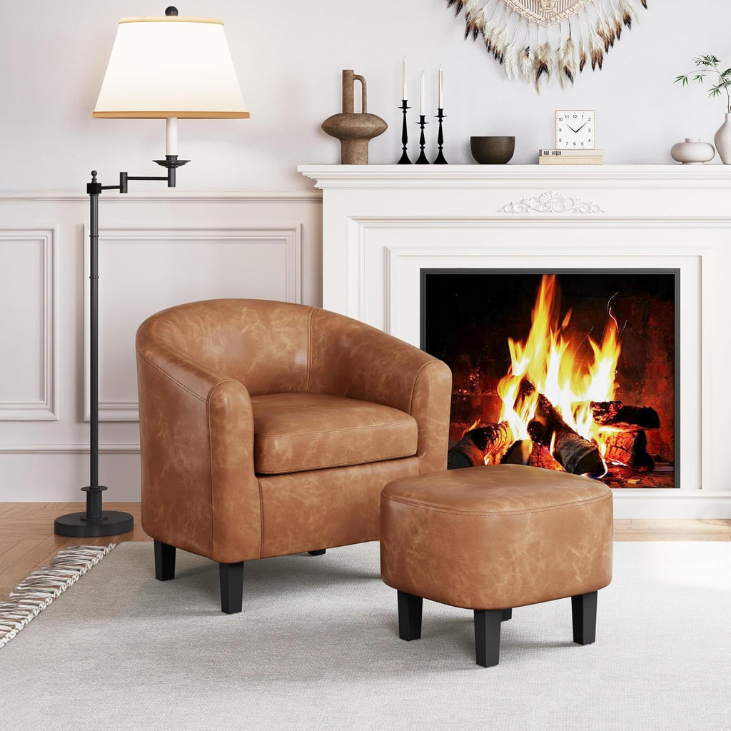 Faux Leather Barrel Accent Chair with Ottoman, Brown