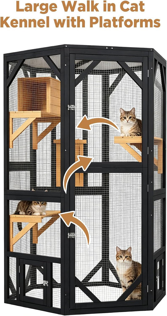 69.3 Inch Catio Outdoor Cat Enclosure, Hexagonal Tall Wooden Cat Catio