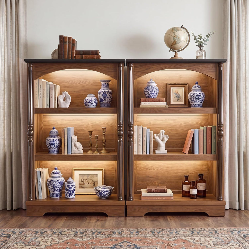 3-Tier Arched Bookcase with LED Lights Set of 2, Farmhouse Bookshelf with Solid Wood Classical Columns, Wooden Open