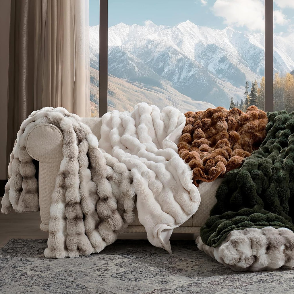Ultra Soft Luxury Fluffy Faux Rabbit Fur Throw Blanket, Thick Warm Bubble Throw, Cozy Plush Reversible Blankets