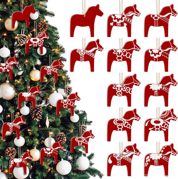 Dala Horse Swedish Christmas Decorations 12 Pack, Wooden Scandinavian Christmas Ornaments Folk Style 3.15" Red White - Set of 12