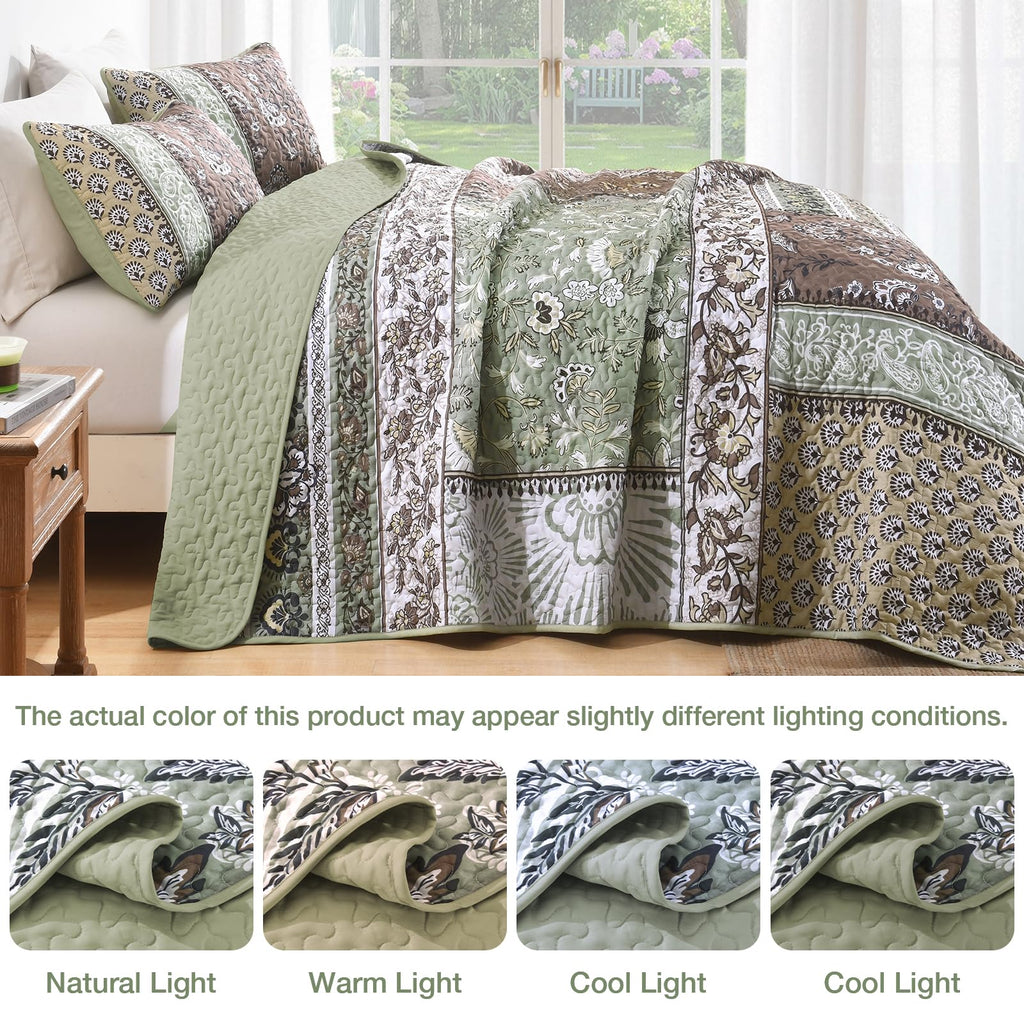 Patchwork Quilt Bedding Set, Boho Bedspread, Brown Green