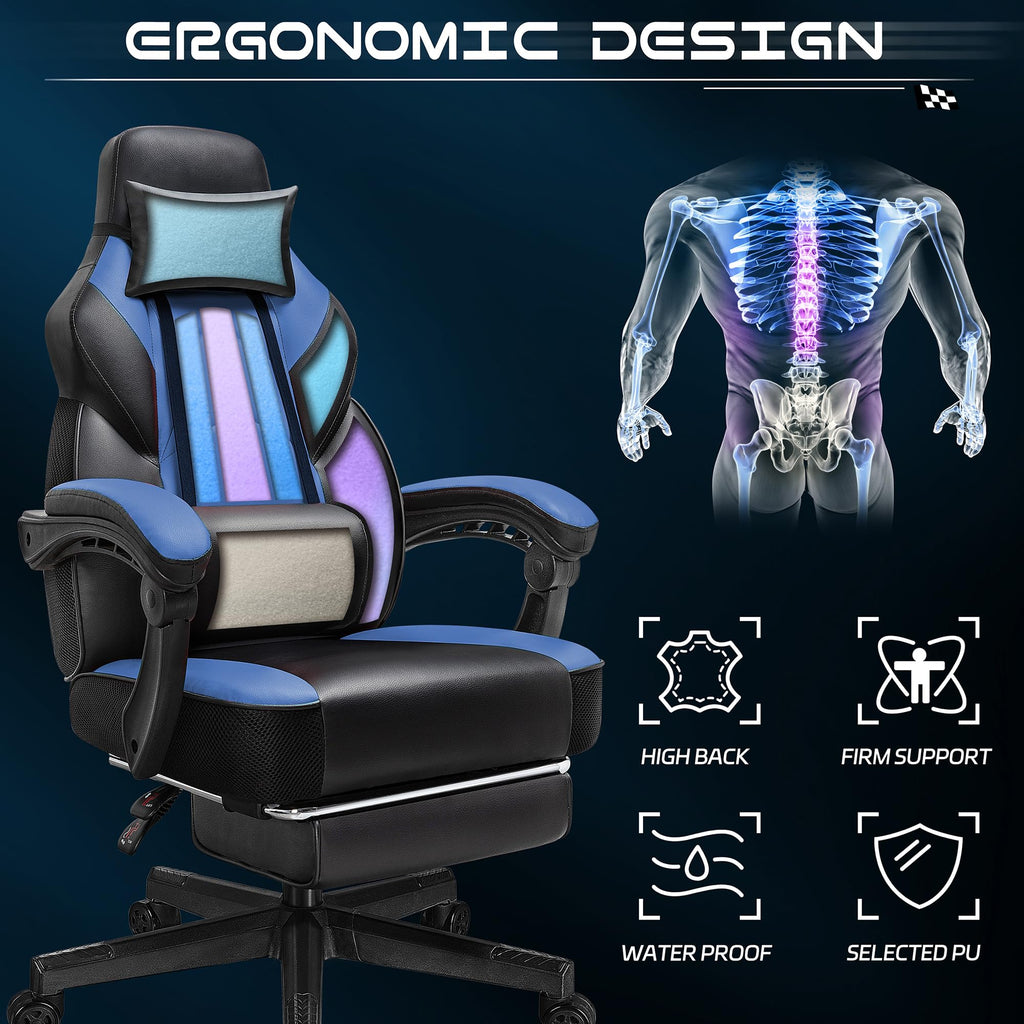 Video Game Chair for Adults, Gaming Chair with Footrest, Big and Tall Computer Chair with Massage Lumbar Support
