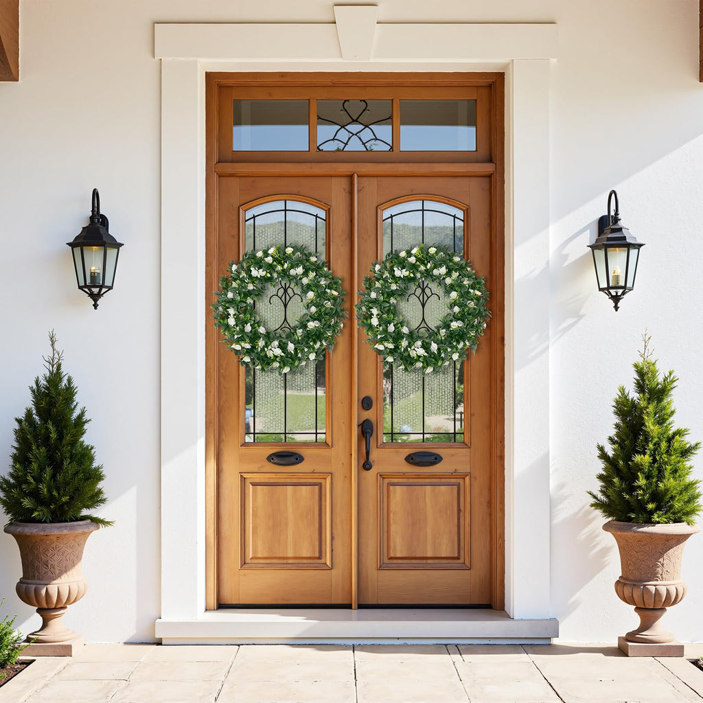 15" Front Door Boxwood Wreaths, Spring Summer Green Wreath White