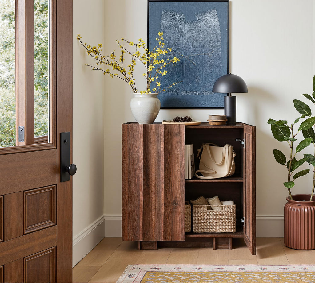 30.8" Sideboard Buffet Cabinet with Storage, Walnut, Wave Design